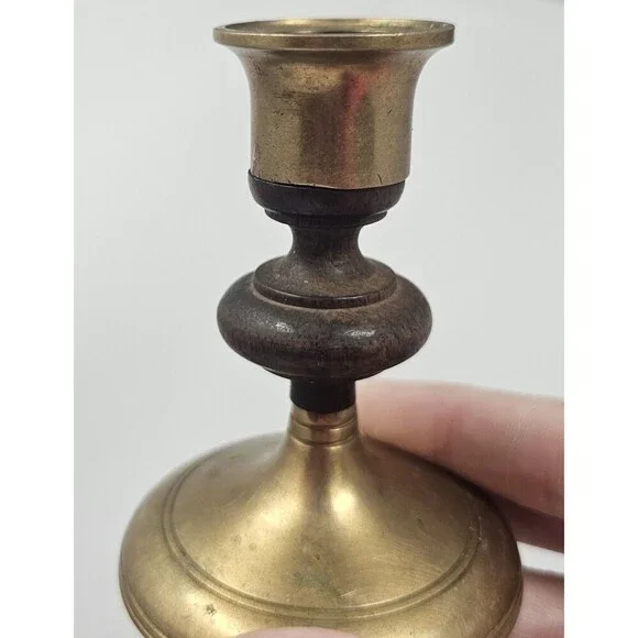 Vintage Pair of MCM Teak Wood & Brass Candle Stick Holders Tapered 3.5" - Picture 7 of 12